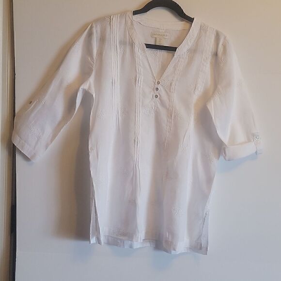 Cynthia Rowley Linen White V Neck Shirt Size S. Rolled Sleeves - Picture 5 of 7